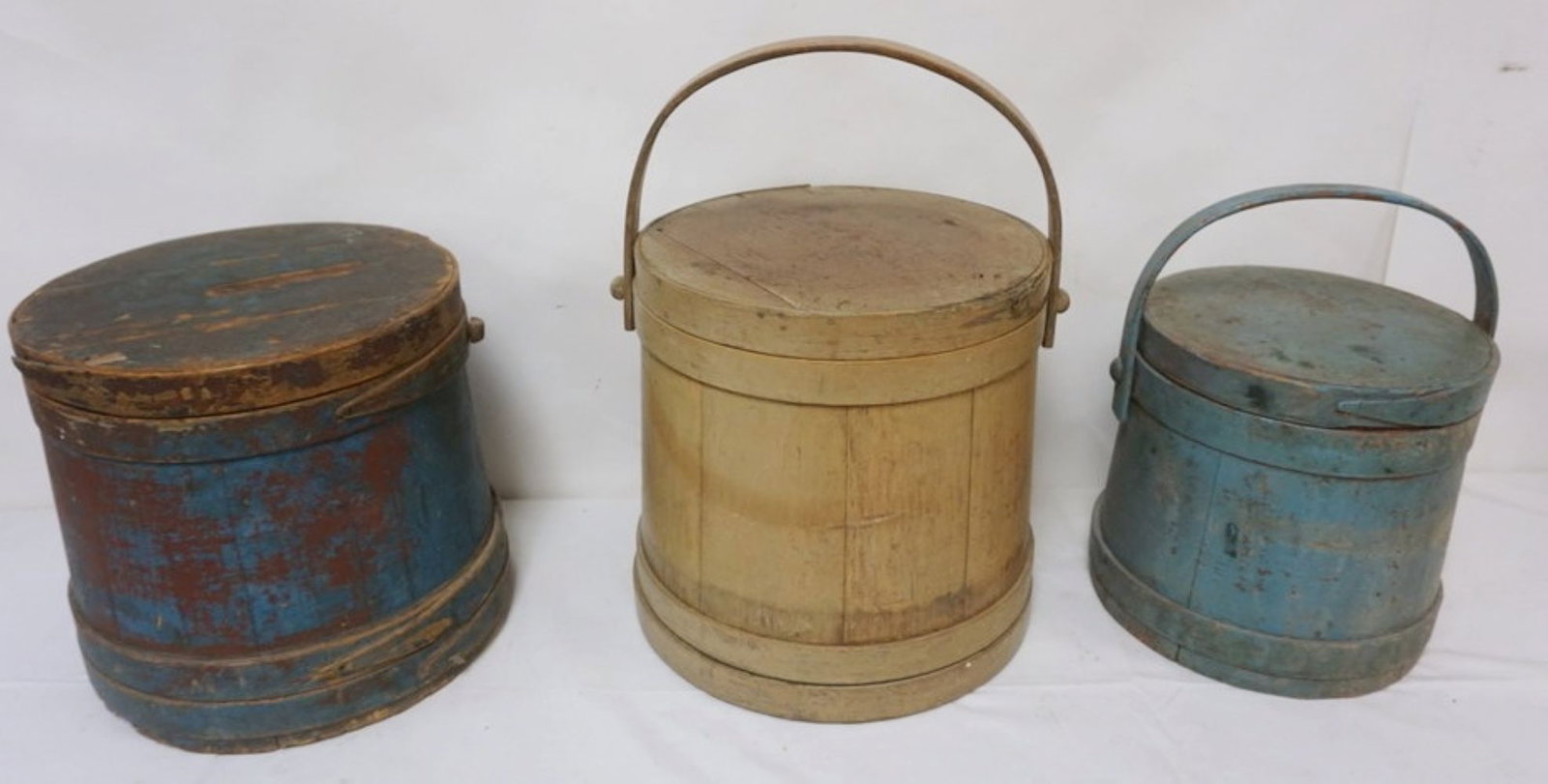 FIRKINS: 3 FIRKINS, LARGEST APPROXIMATELY 12 IN X 12 IN, 11 MISSING A HANDLE