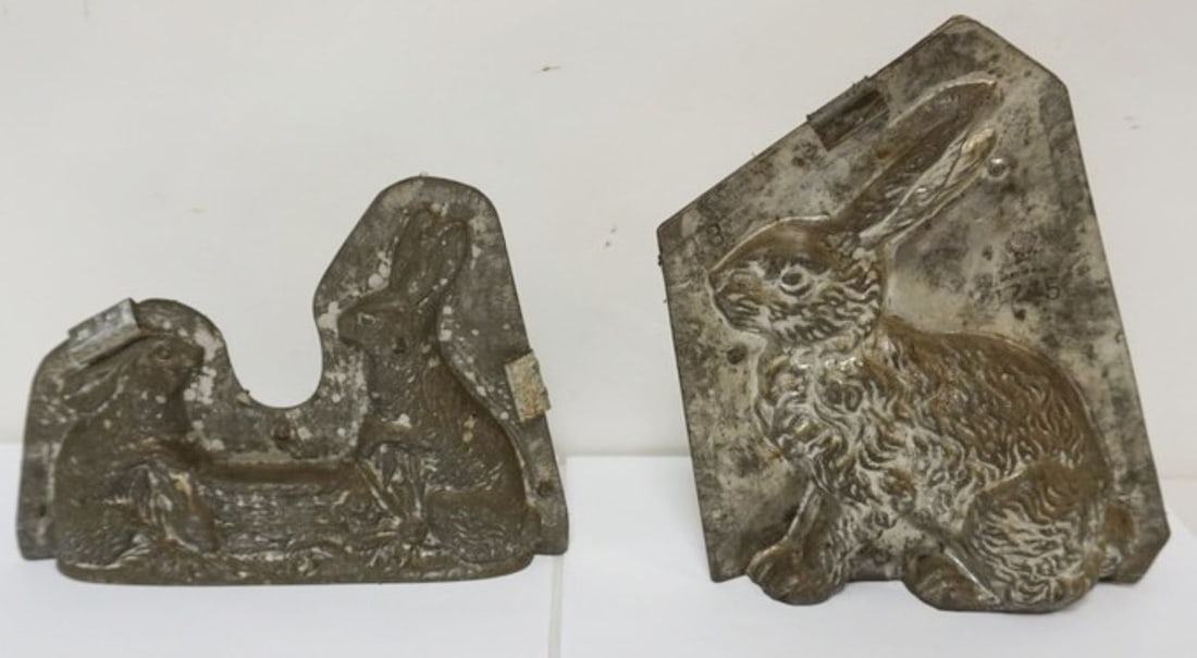 RABBIT CHOCOLATE MOLDS: 2 RABBIT CHOCOLATE MOLDS, LARGEST APPROXIMATELY 7 IN X 9 IN
