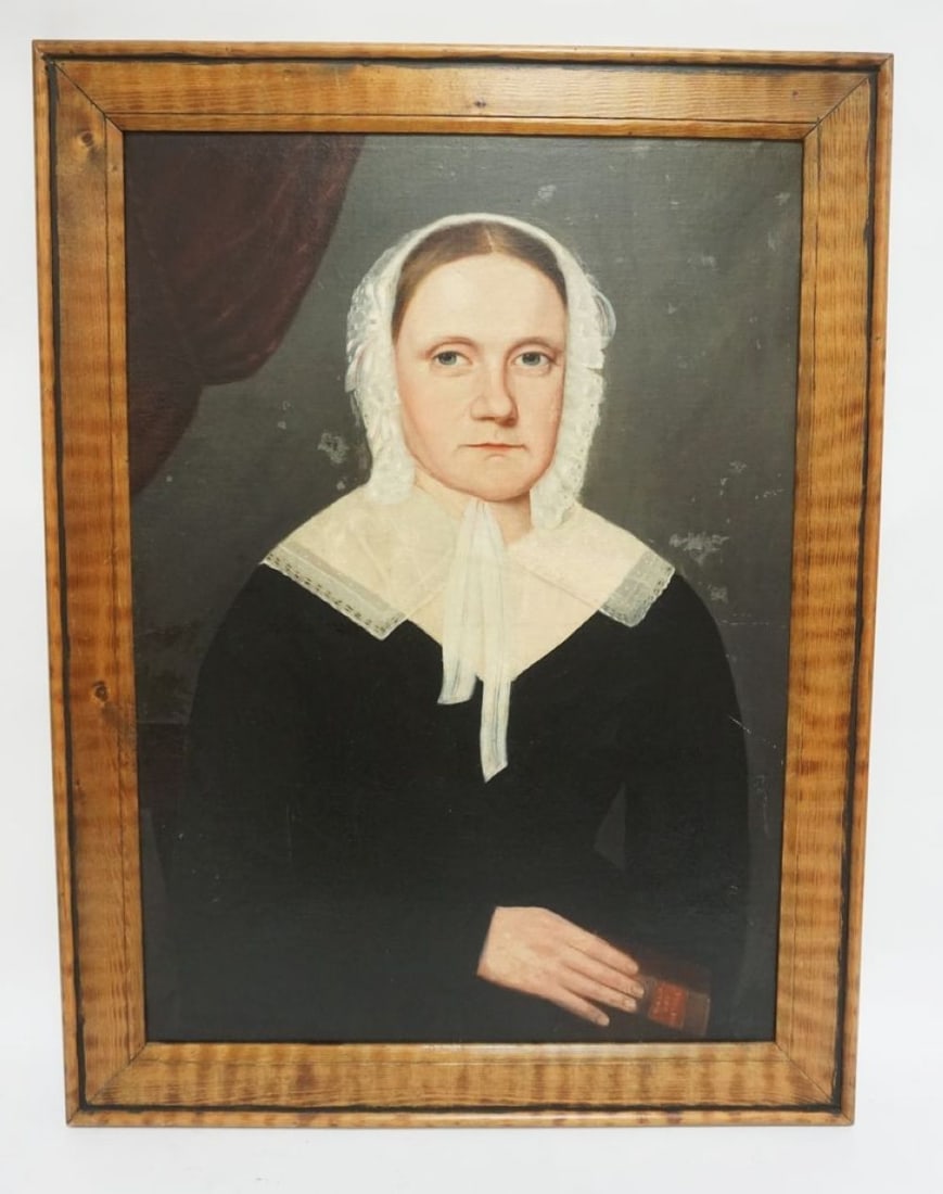 OIL PAINTING ON CANVAS: OIL PAINTING ON CANVAS, PORTRAIT OF A WOMAN WEARING A BONNET, APPROXIMATELY 24 IN X 33 IN OVERALL