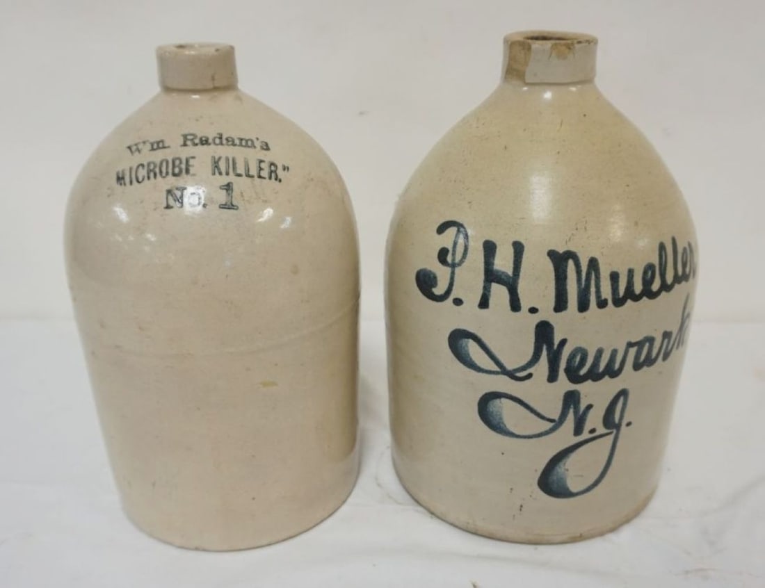STONEWARE JUGS: STONEWARE JUG, 1 P/H/ MUELLER NEWARK, NJ CHIP ON SPOUT, LARGEST APPROXIMATELY 12 IN H