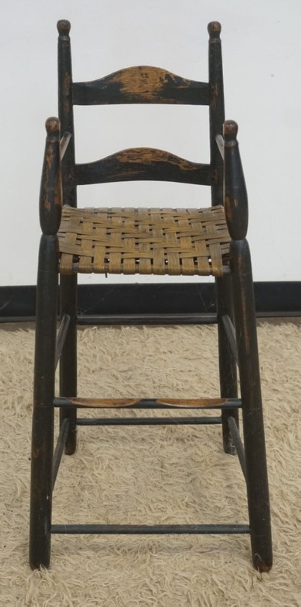 PRIMITIVE CHILDS HIGH CHAIR: PRIMITIVE SHAKER STYLE CHILDS HIGH CHAIR WITH WOVEN SEAT, APPROXIMATELY 16 IN X 14 IN X 34 IN H