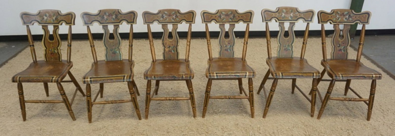 COUNTRY PLANK SEAT CHAIRS: SET OF 6 COUNTRY PLANK BOTTOM, PAINT DECORATED AND STENCILED, LYRE BACK CHAIRS, 1 LOWER RUNG MISSING