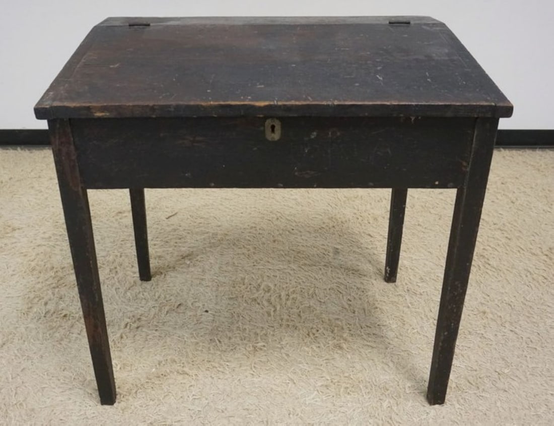 ANTIQUE PINE SLANT TOP DESK: ANTIQUE PINE SLANT TOP DESK WITH BREAD BOARD EDGE TOP, APPROXIMATELY 33 IN X 23 IN X 32 IN H