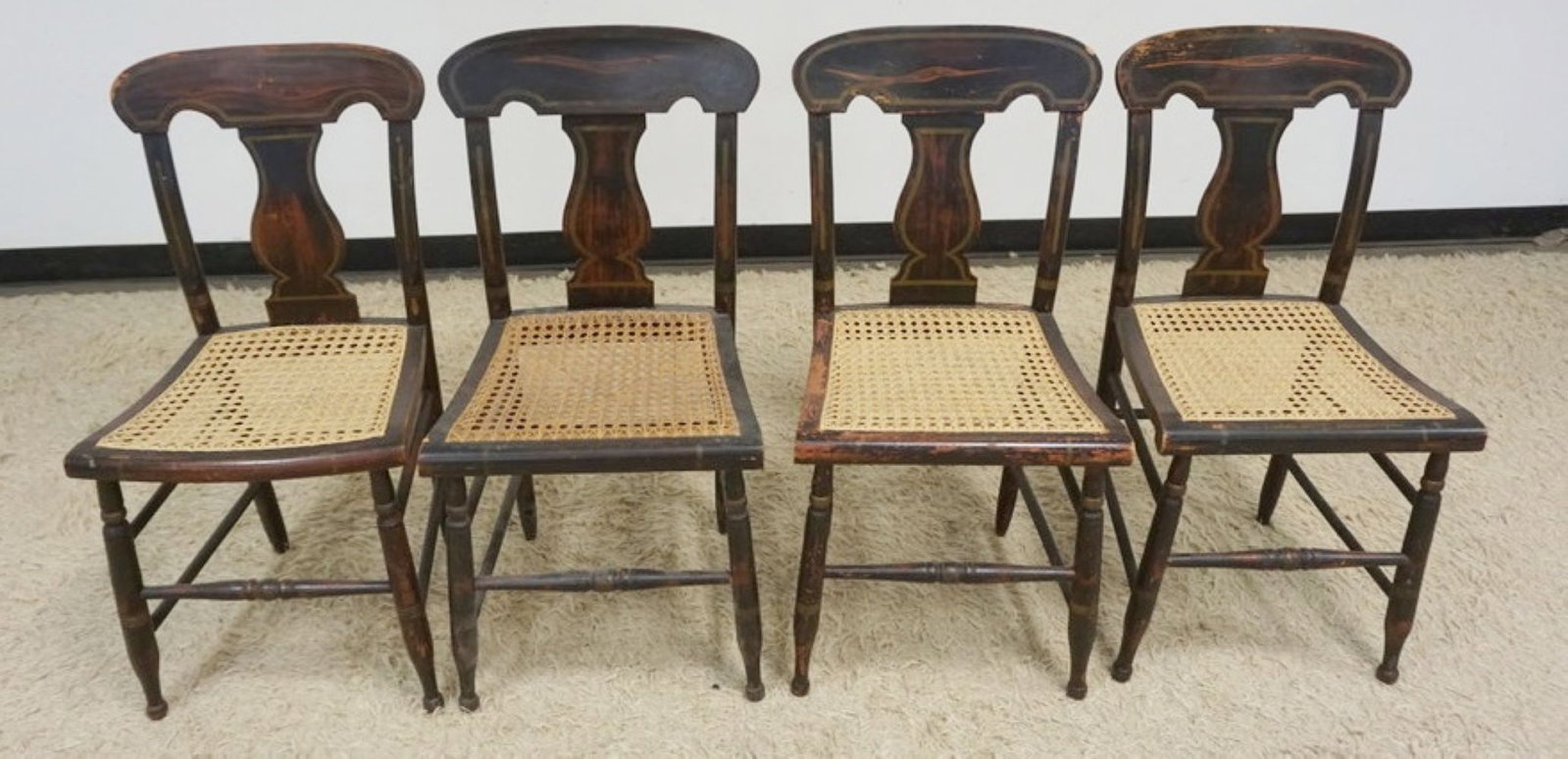 ANTIQUE CANE SEAT SIDE CHAIRS: SET OF 4 ANTIQUE PAINT STENCILED CANE SEAT SIDE CHAIRS, WEAR TO FINISH