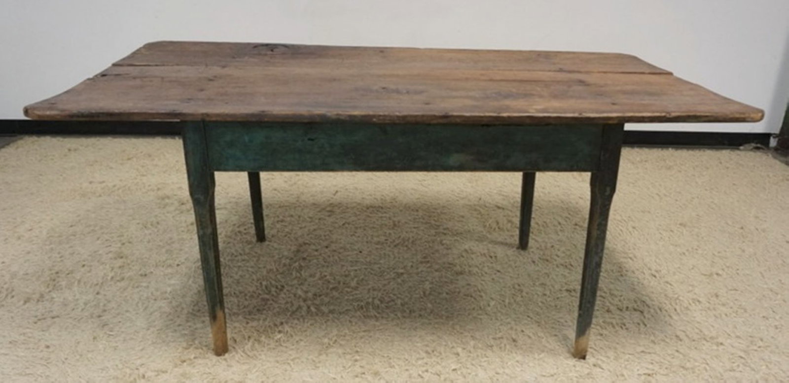 PRIMITIVE FARM TABLE: PRIMITIVE FARM TABLE WITH TAPERED AND PI CONTRUCTED LEGS, OLD GREEN PAINT ON BASE, APPROXIMATELY 70 IN X 36 IN X 30 IN H