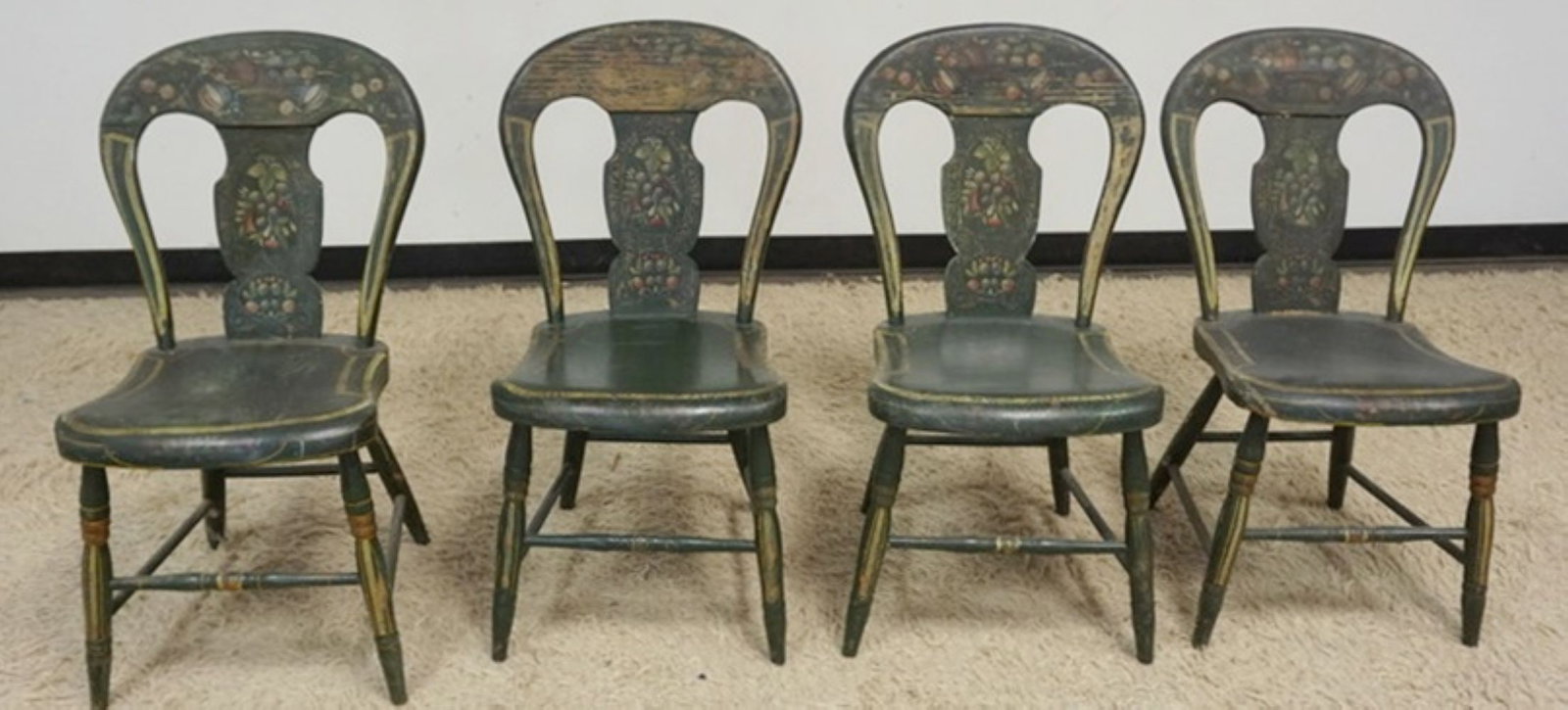 BALLOON BACK CHAIRS: SET OF 4 BALLOON BACK PAINT DECORATED AND STENCILED CHAIRS, EACH APPROXIMATELY 18 IN X 16 IN X 32 IN H, LOSS TO PAINT