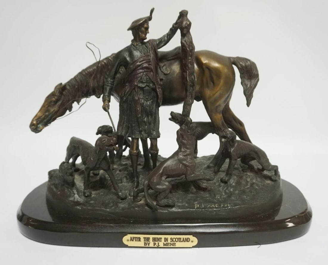 PJ MENE CONTEMPORARY BRONZE: PJ MENE CONTEMPORARY BRONZE *AFTER THE HUNT IN SCOTLAND*, APPROXIMATELY 17 IN X 18 IN X 12 IN HIGH