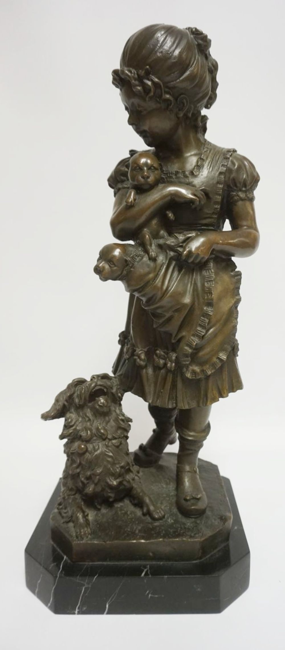FERDINAND BARBDIENNE CONTEMPORARY BRONZE: FERDINAND BARBDIENNE CONTEMPORARY BRONZE OF YOUNG GIRL HOLDING 2 PUPPIES W/A DOG NEAR HER FEET, APPROXIMATELY 8 IN X 9 IN X 21 IN HIGH