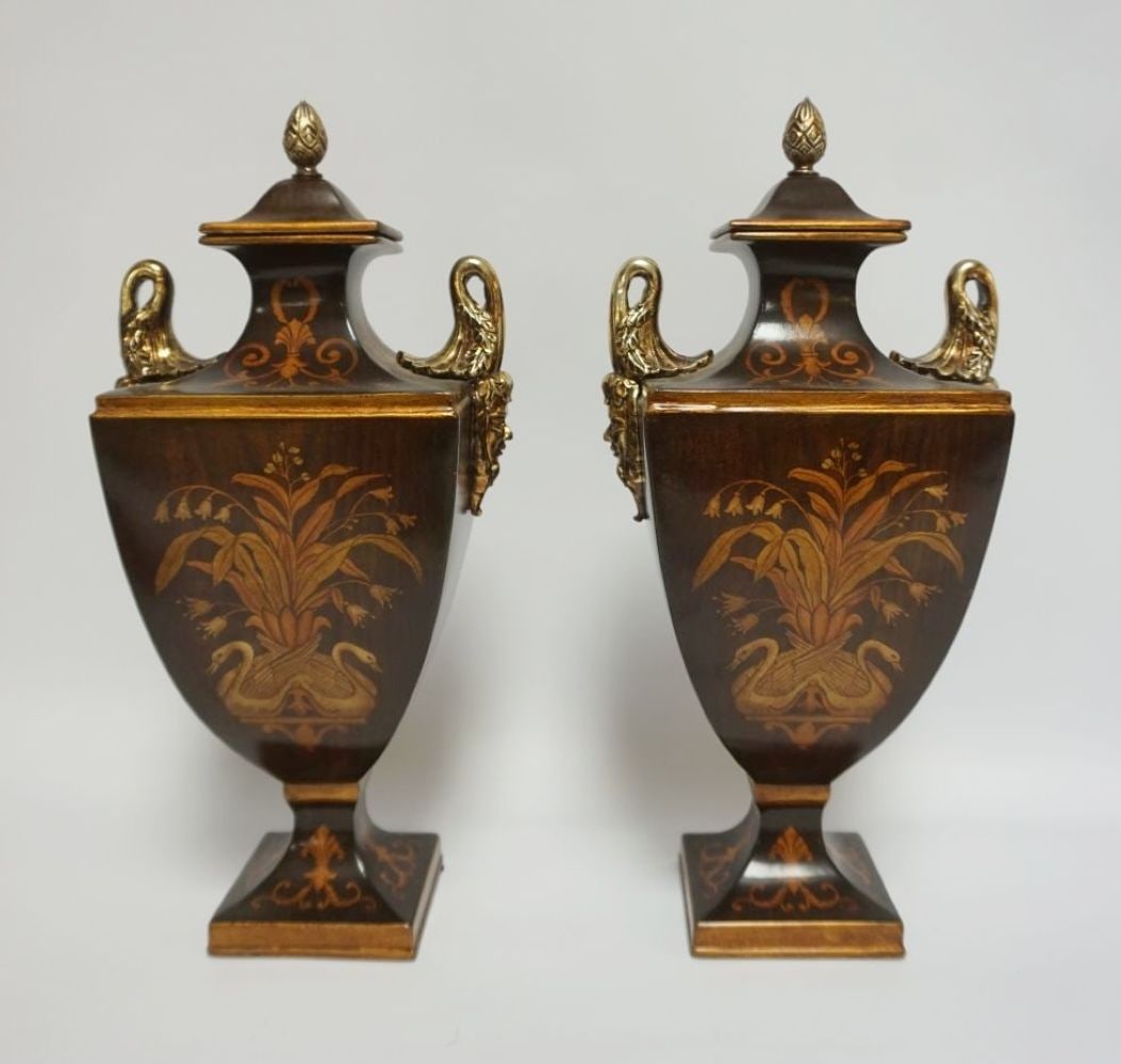 PAIR OF CONTEMPORARY COMPOSITE NEOCLASSICAL URNS: PAIR OF CONTEMPORARY COMPOSITE NEOCLASSICAL URNS, EACH APPROXIMATELY 15 IN HIGH