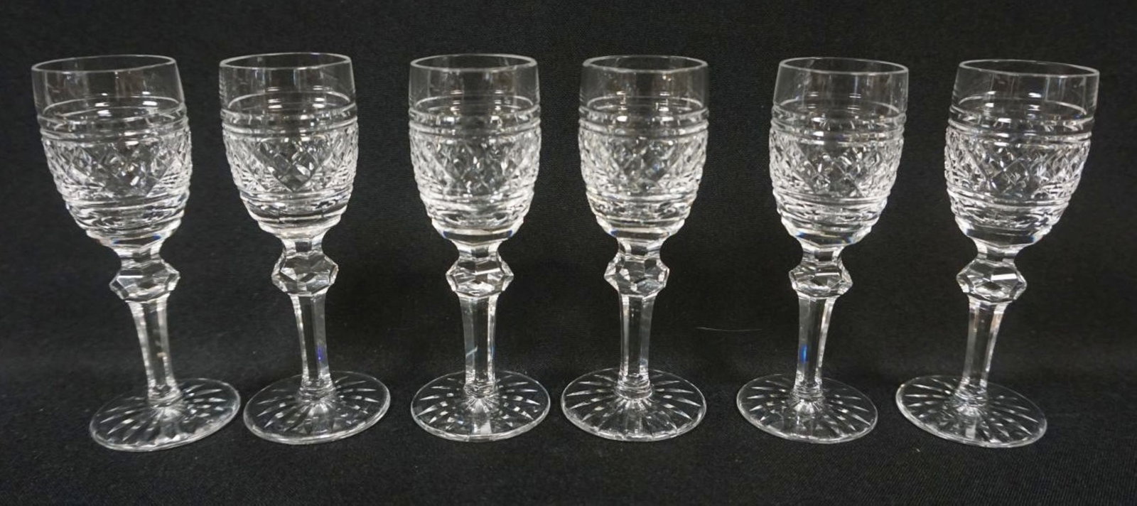 WATERFORD CRYSTAL 6 CASTLE TOWN CORDIALS: WATERFORD CRYSTAL 6 CASTLE TOWN CORDIALS, APPROXIMATELY 4 3/4 IN