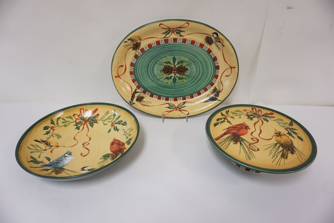LENOX WINTER GREETINGS BY CATHERINE MCLUNG: LENOX WINTER GREETINGS SERVING PLATTER BY CATHERINE MCLUNG, APPROXIMATELY 19 IN X 15 IN, LARGE BOWL & COMPOTE