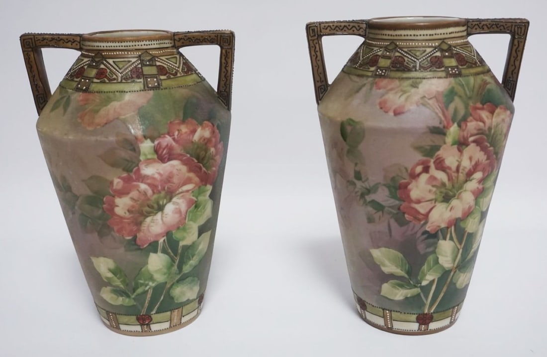 NIPPON MORIAGE HAND PAINTED DOUBLE HANDLED VASES (1 of 6)