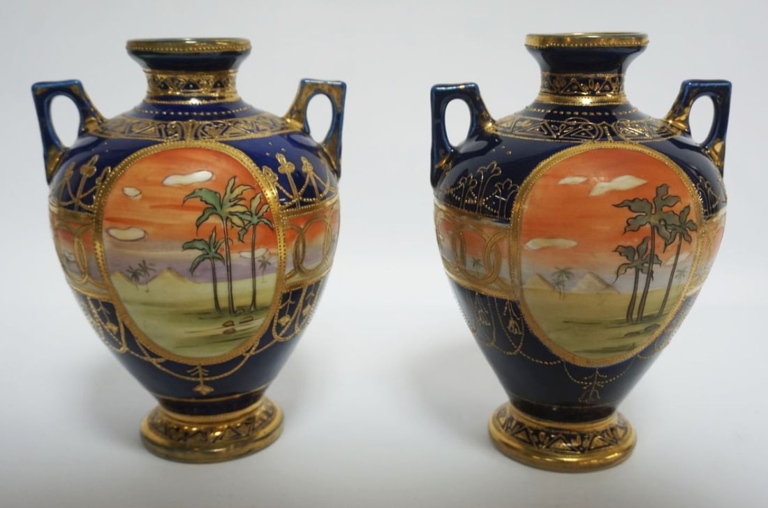 PAIR OF HAND PAINTED MORIAGE DOUBLE HANDLED VASES (1 of 6)