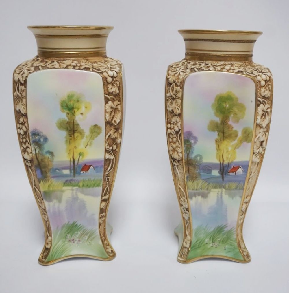PAIR OF HAND PAINTED MOLDED IN RELIEF NIPPON VASES (1 of 9)
