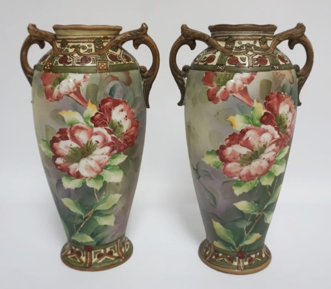 NIPPON MORIAGE HAND PAINTED DOUBLE HANDLED VASES (1 of 8)