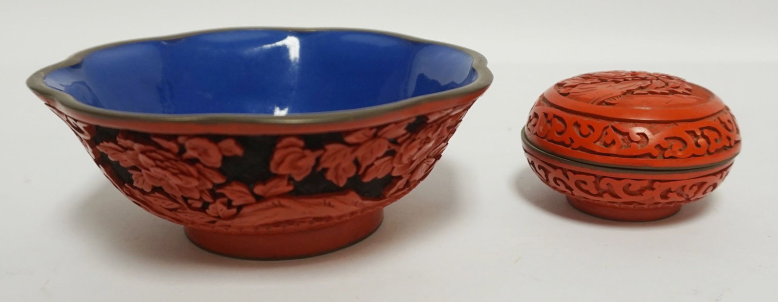 CARVED RED CINNABAR BOWL & COVERED BOX (1 of 4)