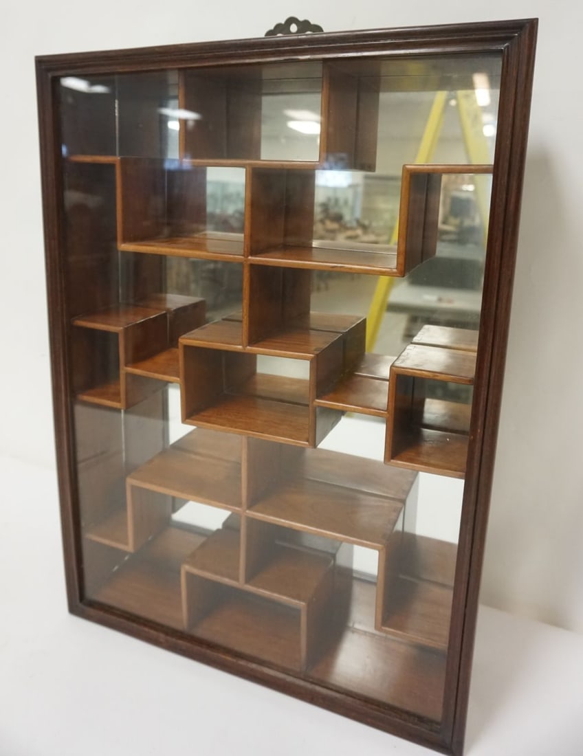 ASIAN WALL HANGING MIRROR BACK DISPLAY CABINET: ASIAN WALL HANGING MIRROR BACK DISPLAY CABINET W/DOVETAILED INTERIOR SHELF, APPROXIMATELY 5 IN X 17 IN X 23 IN HIGH