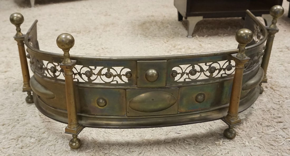 BRASS FIRE FENDER: BRASS FIRE FENDER, APPROXIMATELY 34 IN X 18 IN X 13 IN HIGH