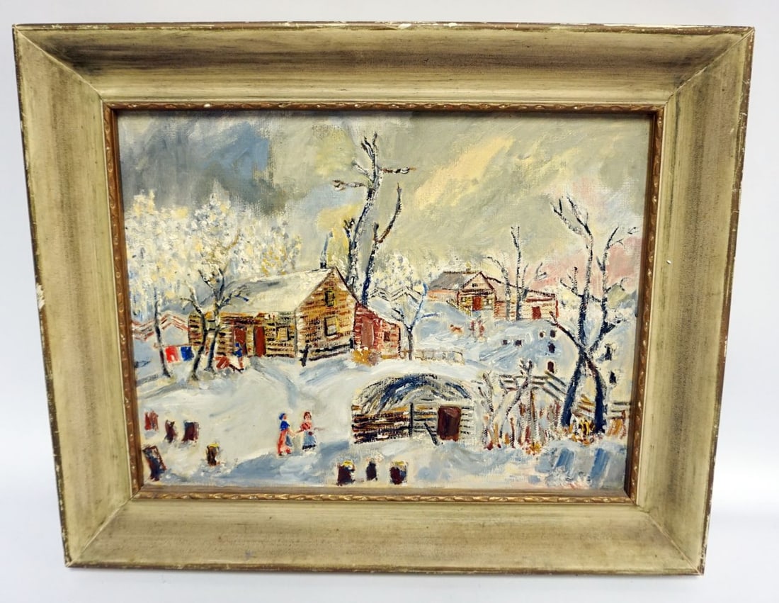 FOLK ART OIL PAINTING ON CANVAS: FOLK ART OIL PAINTING ON CANVAS, LOG CABIN, APPROXIMATELY 17 IN X 14 IN OVERALL