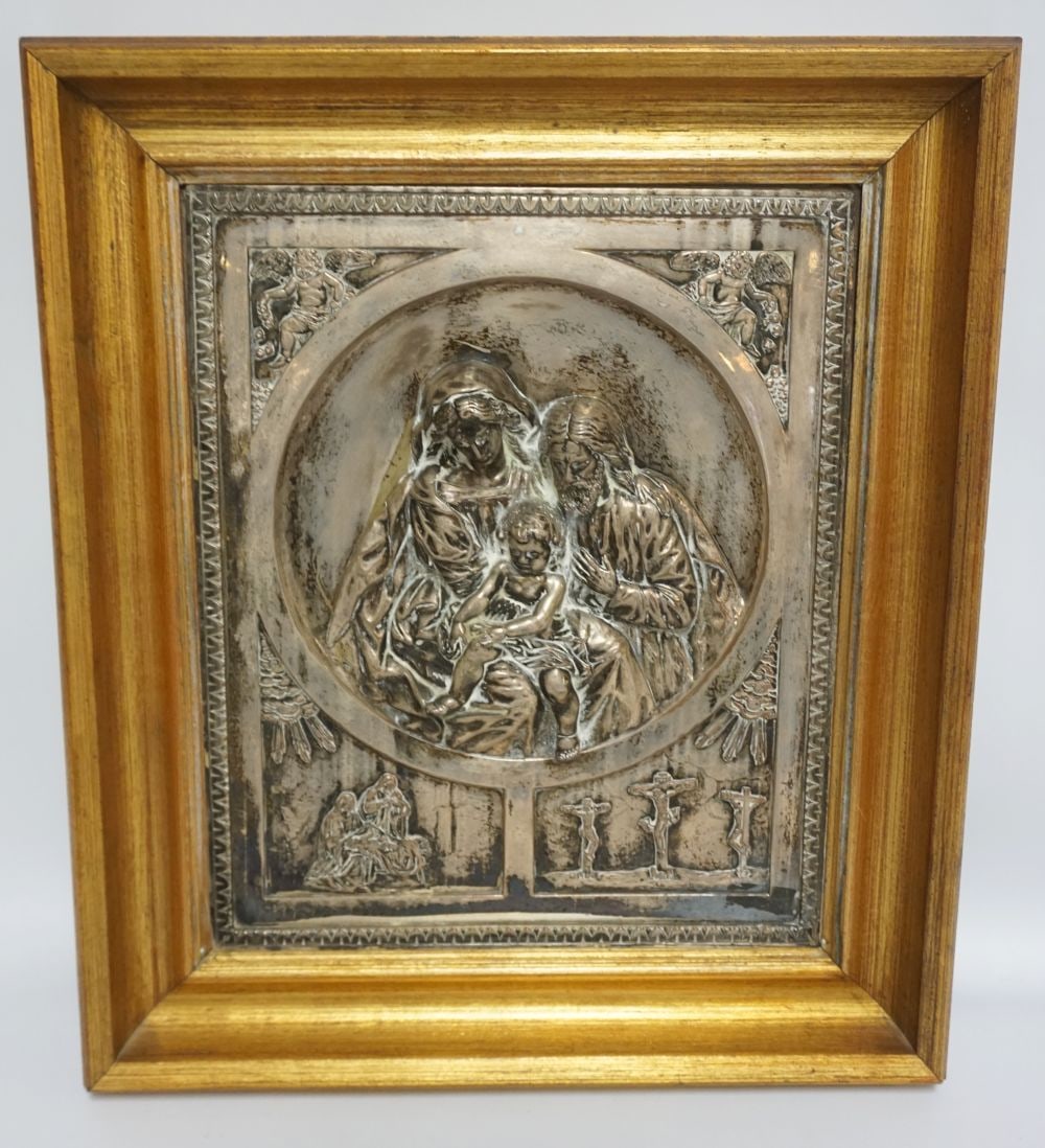 EMBOSSED SILVERPLATE, IMAGE OF JESUS: EMBOSSED SILVERPLATE, IMAGE OF JESUS, JOSEPH & MARY W/IMAGES OF CRUCIFIX, APPROXIMATELY 18 IN X 21 IN OVERALL