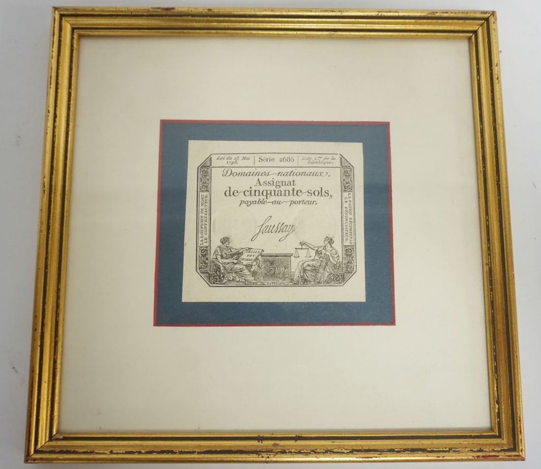 1793 FRENCH REVOLUTIONARY ASSIGNAT: 1793 FRENCH REVOLUTIONARY ASSIGNAT FRAMED & MATTED, APPROXIMATELY 9 1/2 IN SQUARE OVERALL