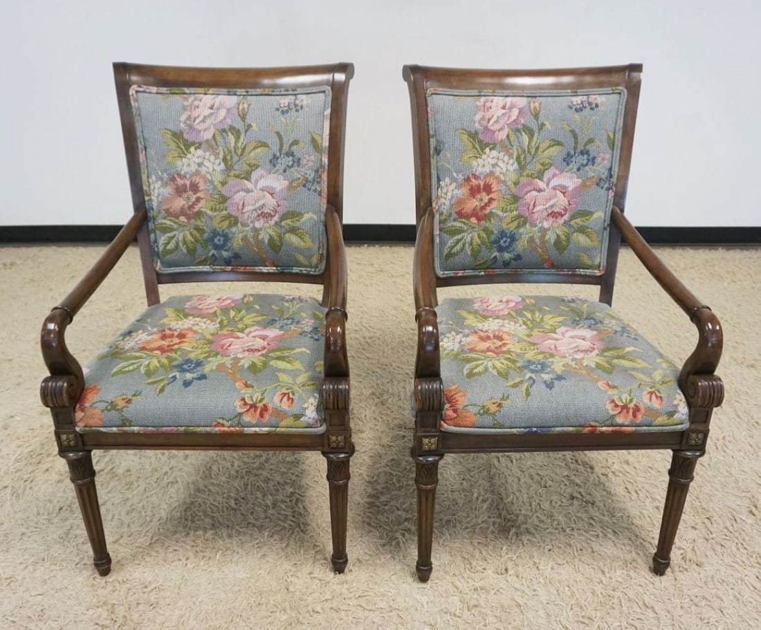 PAIR OF FLORAL UPHOLSTERED ARM CHAIRS: PAIR OF FLORAL UPHOLSTERED ARM CHAIRS W/METAL ACCENT MOUNTS, EACH APPROXIMATELY 23 IN X 22 IN X 41 IN HIGH, SEAT HEIGHT APPROXIMATELY 20 IN HIGH