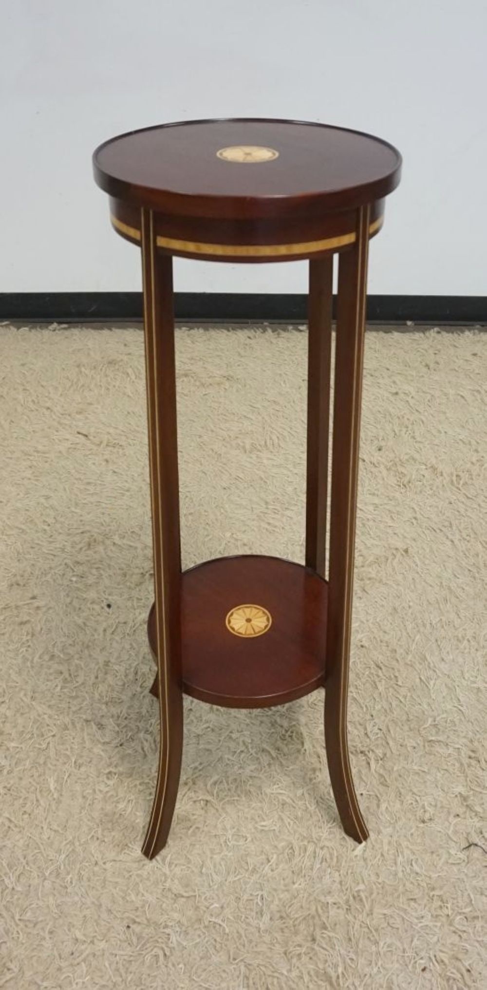 MAHOGANY STAND: MAHOGANY STAND W/INLAY TOP & BOTTOM, BANDING & PENCIL INLAID CURVED LEGS, APPROXIMATELY 18 IN X 39 IN HIGH