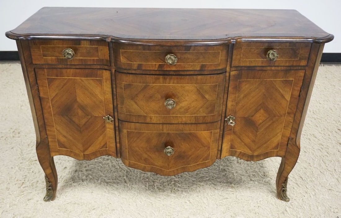 DIMINUTIVE CONTINENTAL SIDEBOARD: DIMINUTIVE CONTINENTAL SIDEBOARD W/DIAMOND BOOK MATCHED INLAY, ROSE PETAL PULLS & BRONZE MOUNTS ON FEET, 5 DRAWERS & 2 DOORS, APPROXIMATELY 47 IN X 18 IN X 32 IN HIGH