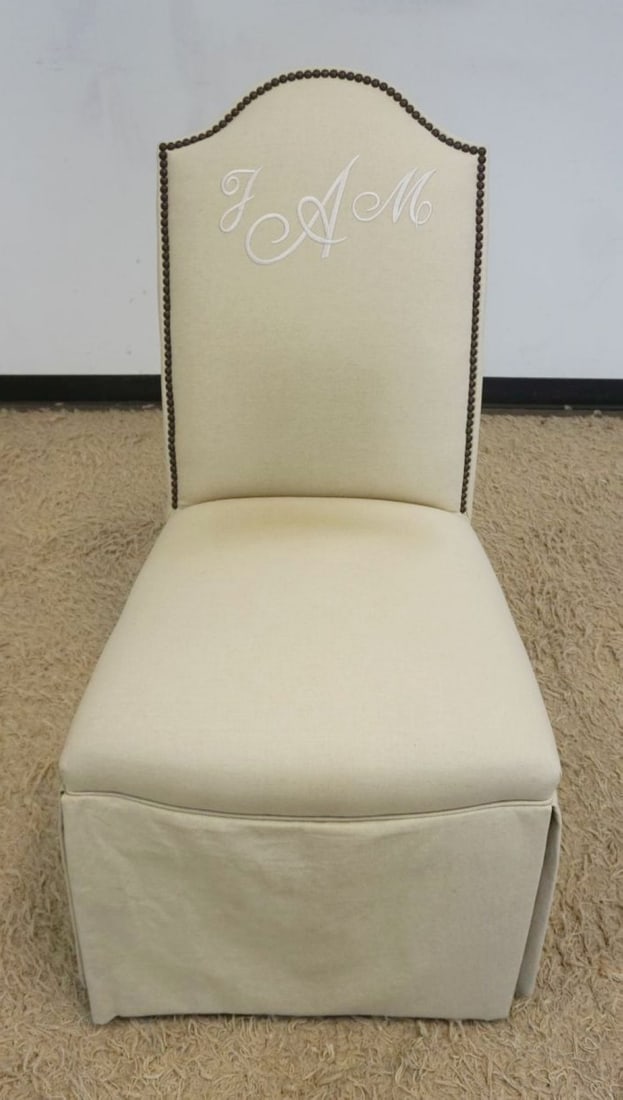 PIERRE DEUX FRENCH UPHOLSTERED OCCASIONAL CHAIR: PIERRE DEUX FRENCH UPHOLSTERED OCCASIONAL CHAIR W/BRASS TACK ACCENTS & MONOGRAMED BACK, APPROXIMATELY 18 IN X 23 IN X 42 IN HIGH