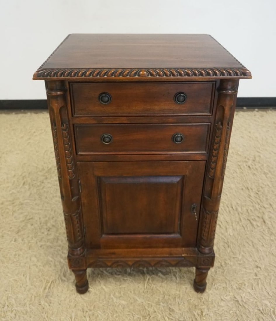 MAHOGANY 2 DRAWERS, ONE DOOR STAND: MAHOGANY 2 DRAWERS, ONE DOOR STAND W/CARVED HALF COLUMNS IN FRONT, APPROXIMATELY 21 IN X 16 IN X 34 IN HIGH