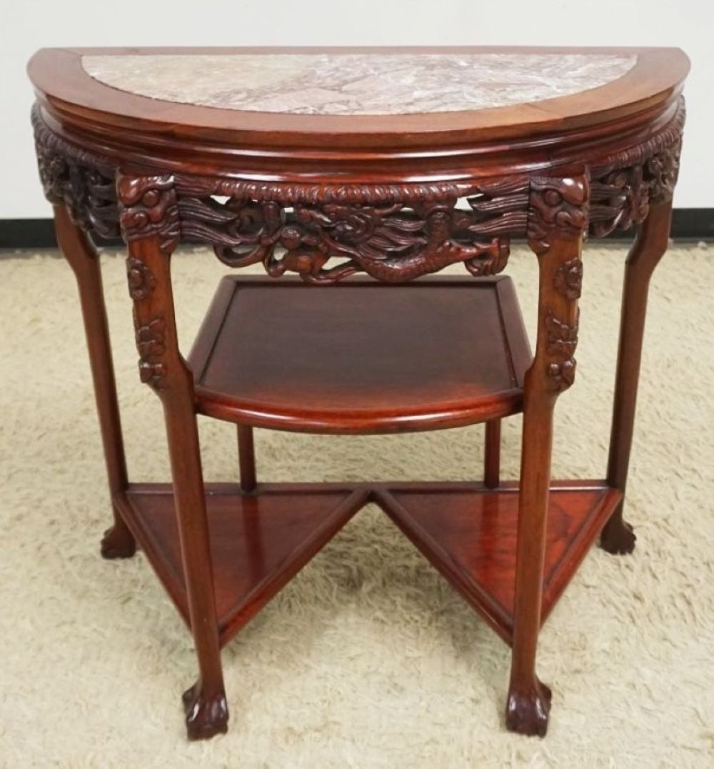 ASIAN CARVED DEMILUNE STAND: ASIAN CARVED DEMLUNE STAND WITH INSET MARBLE AND LOWER SHELF