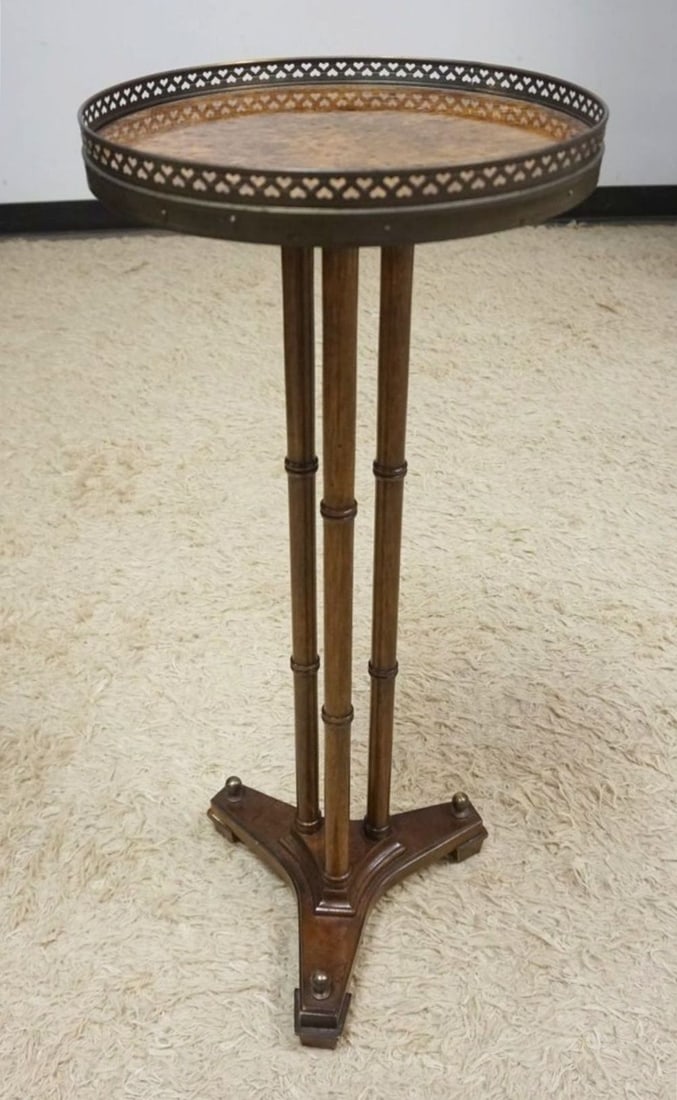 LANE BURL WOOD TOP PEDISTAL: LANE BURLWOOD TOP ROUND PEDISTAL WITH METAL GALLERY, APPROXIMATELY 13 IN ROUND X 32 IN H