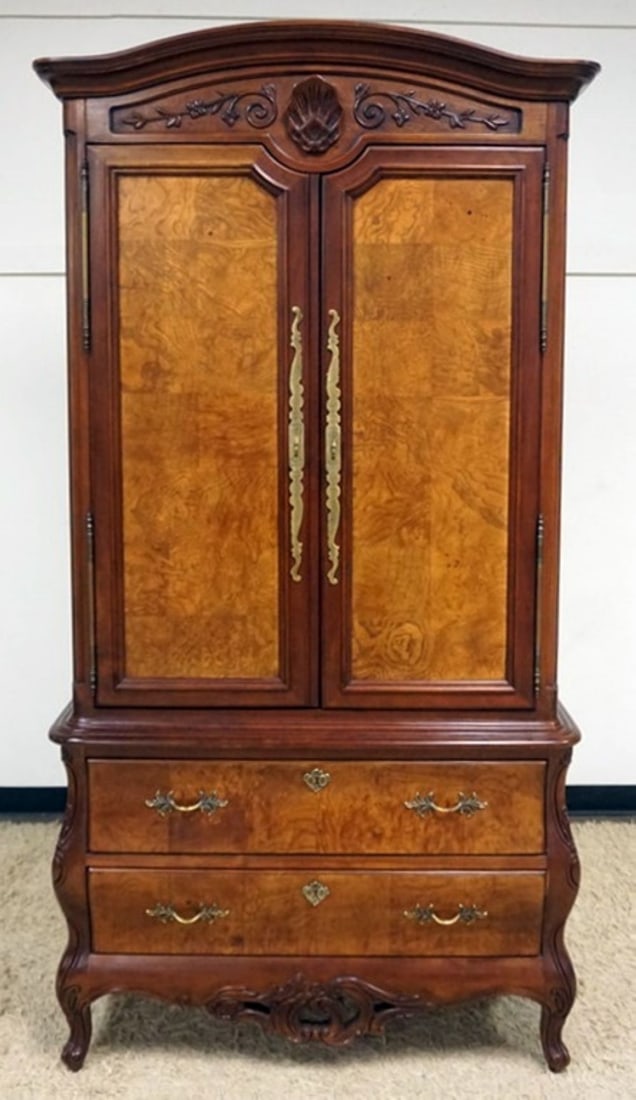 CENTURY FURNITURE WARDROBE: CENTURY FURNITURE BURL WOOD 2 DOOR, 2 DRAWER WARDROBE ON BOMBE STYLE BASE, SHELL CARVED CREST, APPROXIMATELY 44 IN X 20 IN X 86 IN H