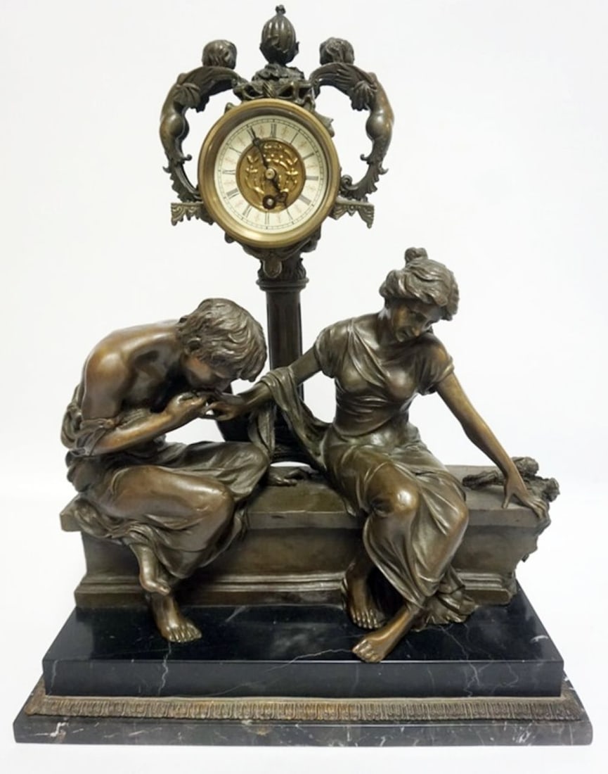 CONTEMPORARY BRONZE MANTLE CLOCK: CONTEMPORARY BRONZE MANTLE CLOCK ON MARBLE BASE, IMAGE OF MAN & WOMAN COURTING, APPROXIMATELY 16 IN X 8 IN X 20 IN H