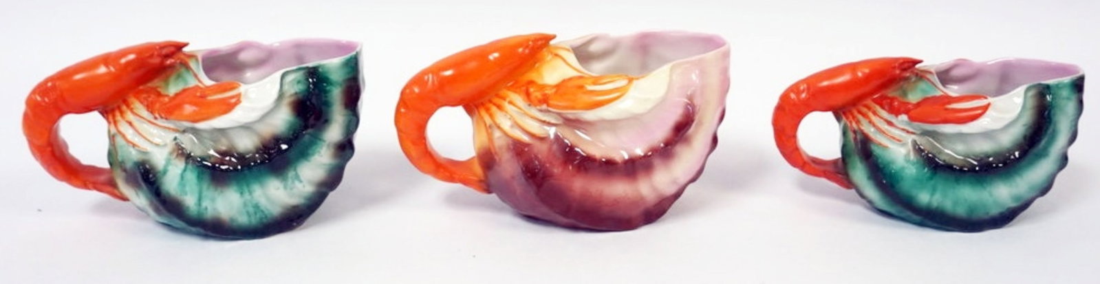 ROYAL BAYREUTH LOBSTER: ROYAL BAYREUTH LOBSTER CONCH SHELL CREAMERS, LARGEST APPROXIMATELY 6 1/2 IN X 3 IN X 4 IN HIGH