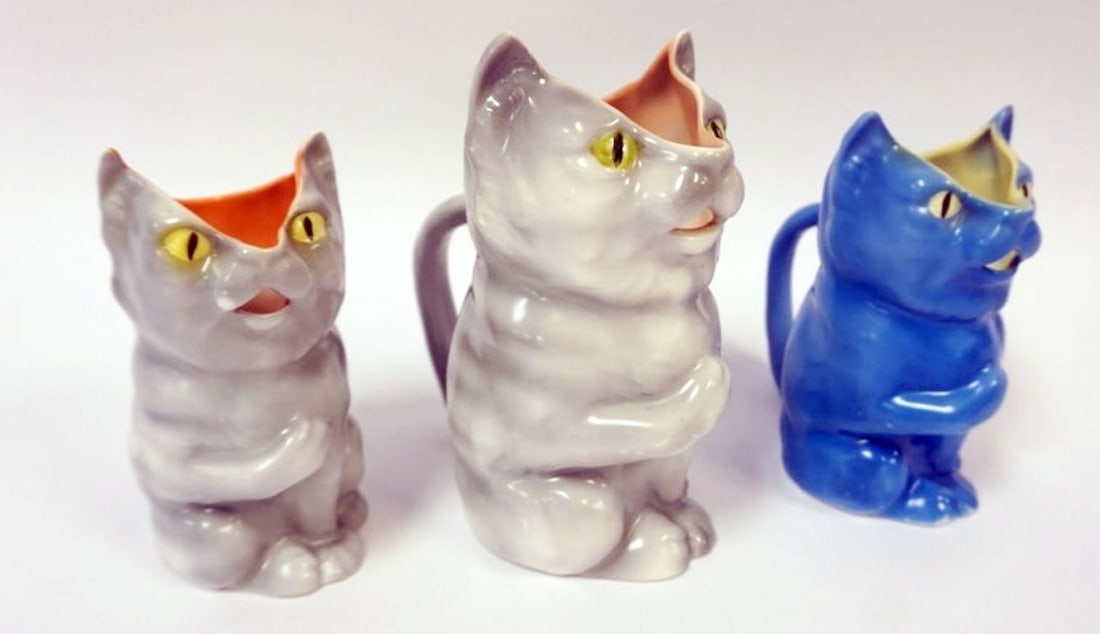 ROYAL BAYREUTH CAT: ROYAL BAYREUTH CAT CREAMERS/PITCHERS, LARGEST APPROXIMATELY 6 IN HIGH