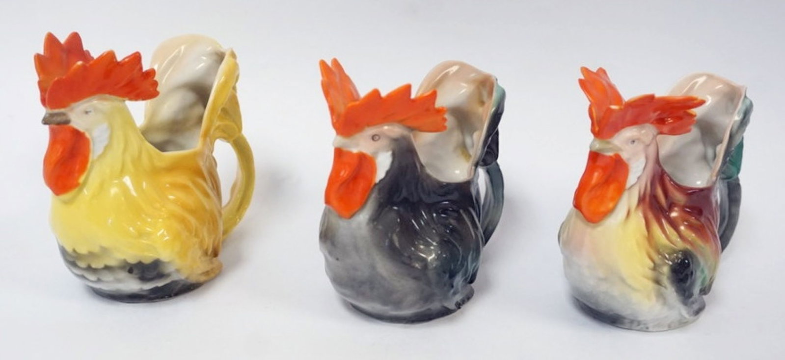 ROYAL BAYREUTH ROOSTER: ROYAL BAYREUTH ROOSTER PITCHERS, LARGEST APPROXIMATELY 4 1/4 IN HIGH