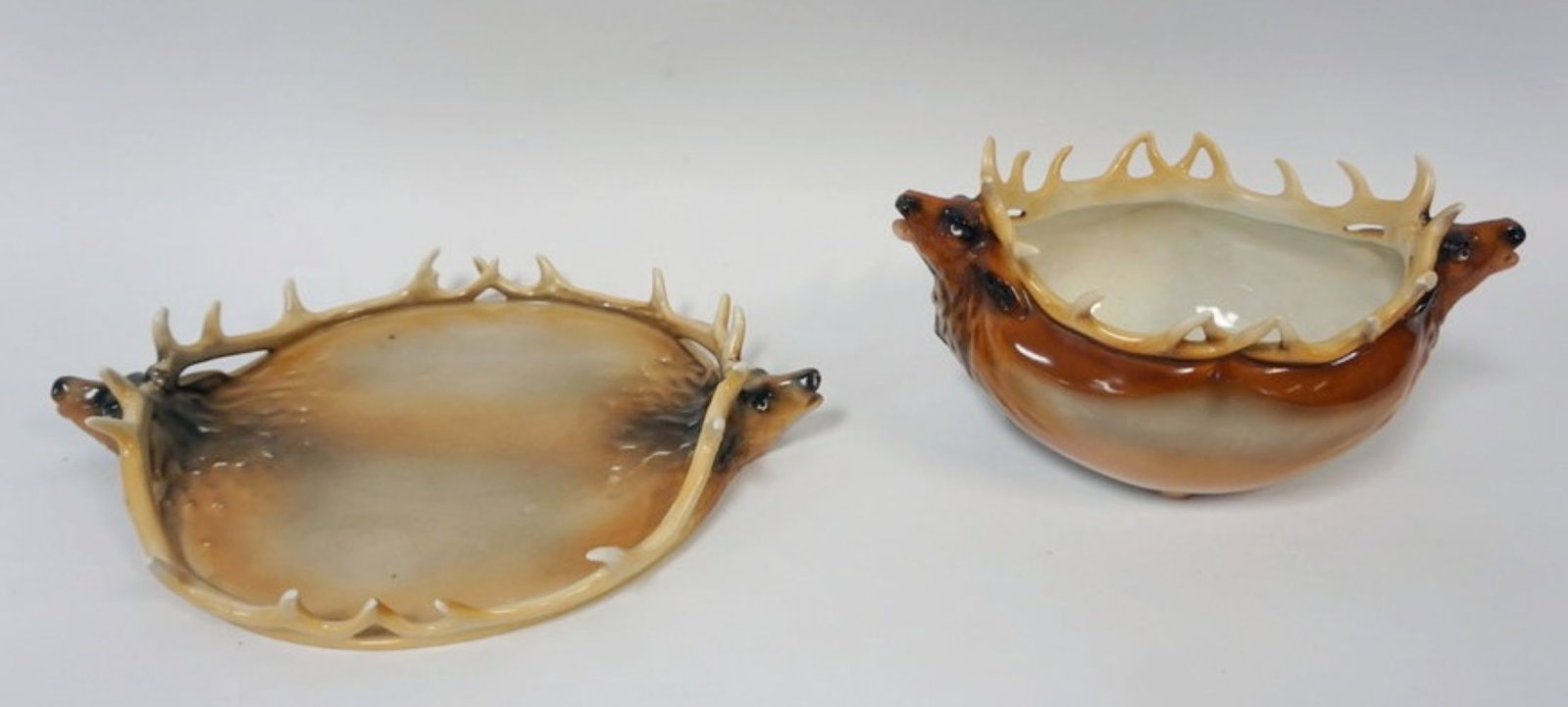 ROYAL BAYREUTH ELK: ROYAL BAYREUTH ELK DOUBLE HEAD TRAY & BOWL, LARGEST PIECE APPROXIMATELY 9 1/2 IN X 12 IN