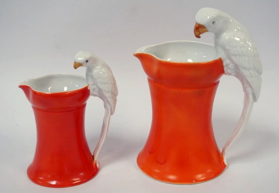 ROYAL BAYREUTH PARROT: ROYAL BAYREUTH PARROT HANDLED PITCHERS/CREAMERS, LARGEST APPROXIMATELY 7 IN HIGH
