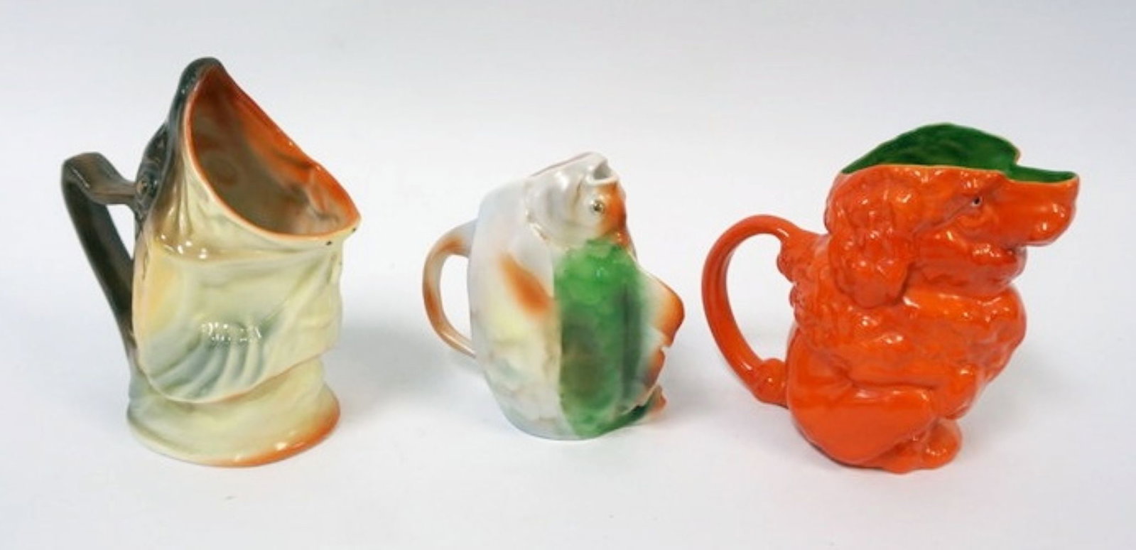 ROYAL BAYREUTH FISH & DOG: ROYAL BAYREUTH FISH & DOG CREAMERS, TALLEST APPROXIMATELY 5 1/2 IN HIGH