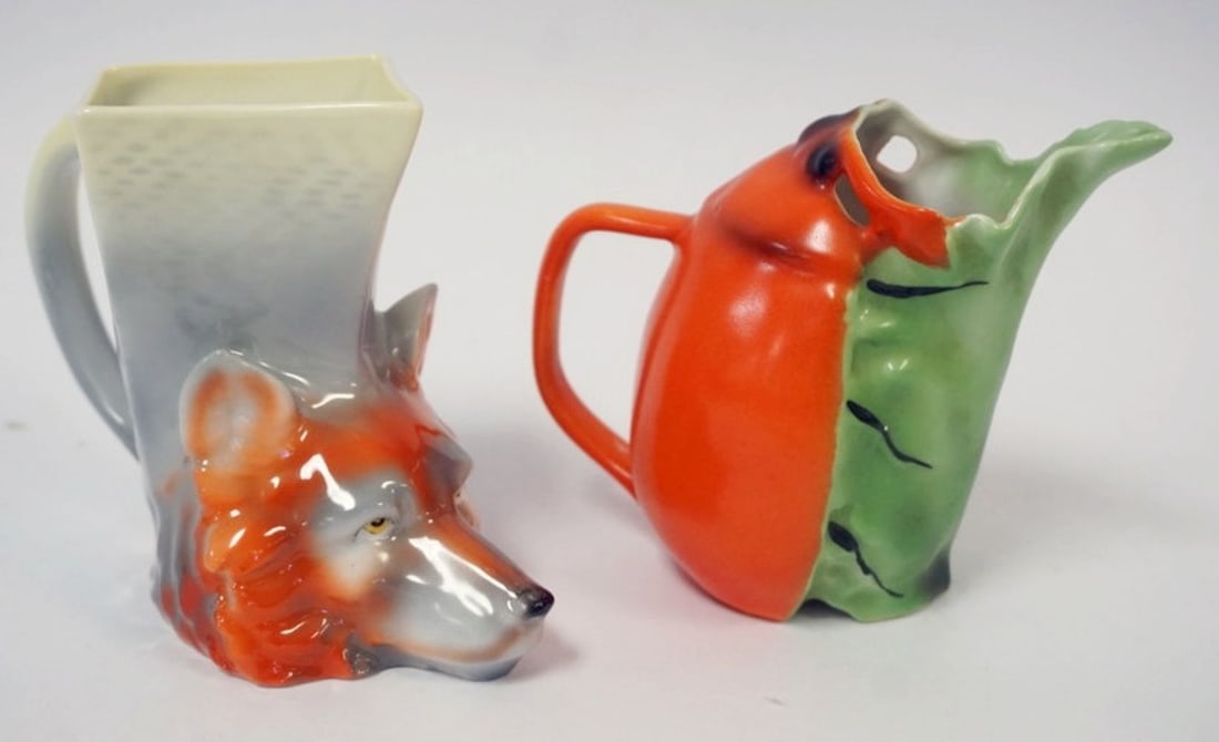 ROYAL BAYREUTH FOX HEAD & LOBSTER: ROYAL BAYREUTH FOX HEAD & LOBSTER CREAMERS, APPROXIMATELY 4 IN HIGH