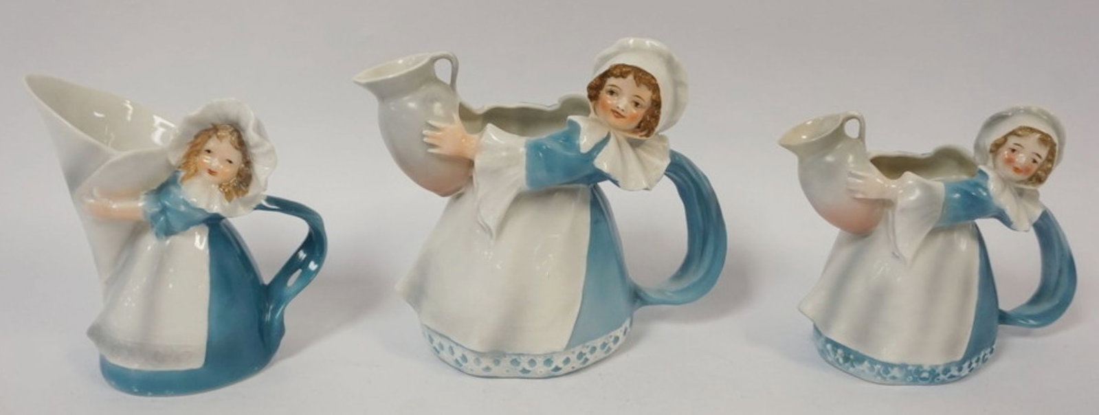 ROYAL BAYREUTH MILK MAID/COLONIAL GIRL: ROYAL BAYREUTH MILK MAID/COLONIAL GIRL CREAMERS, TALLEST APPROXIMATELY 5 IN HIGH