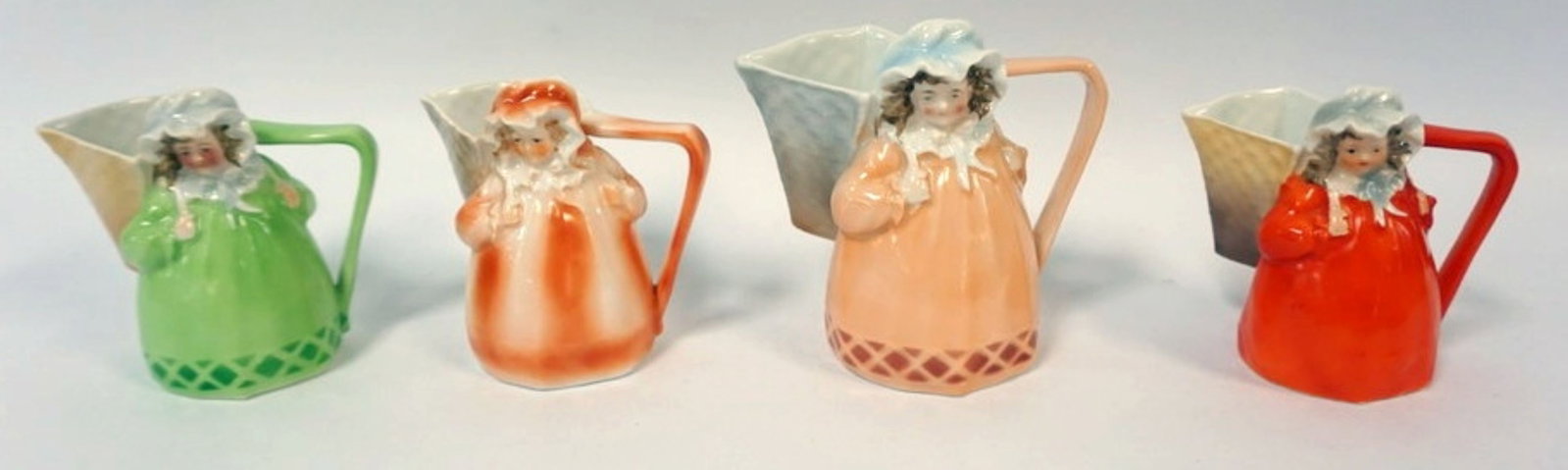 ROYAL BAYREUTH MILK MAID/COLONIAL GIRL: ROYAL BAYREUTH MILK MAID/COLONIAL GIRL CREAMERS, TALLEST APPROXIMATELY 5 IN HIGH