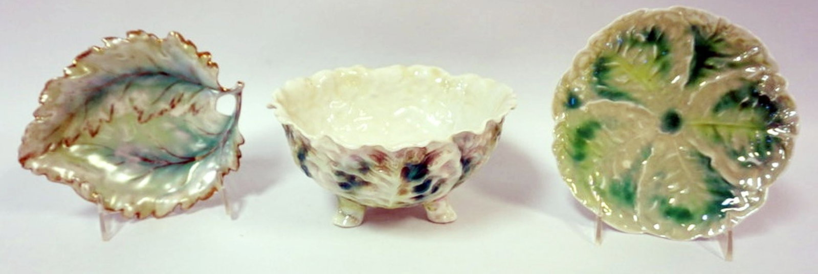ROYAL BAYREUTH LUSTRE GREEN LEAF: ROYAL BAYREUTH LUSTRE GREEN LEAF BOWL & DISHES, LARGEST APPROXIMATELY 8 IN X 4 IN HIGH