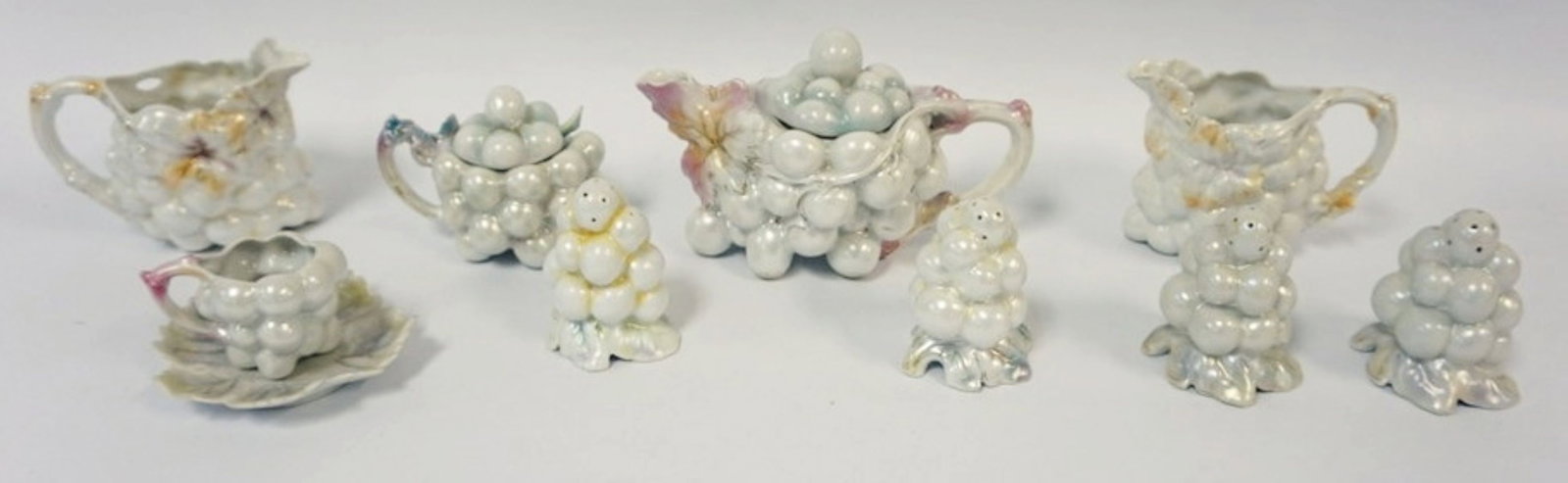 ROYAL BAYREUTH LUSTRE: ROYAL BAYREUTH LUSTRE GRAPE CLUSTER TEAPOT, CREAMERS, SUGAR, SALT & PEPPER, CUP & SAUCER, LARGEST PIECE APPROXIMATELY 5 IN HIGH