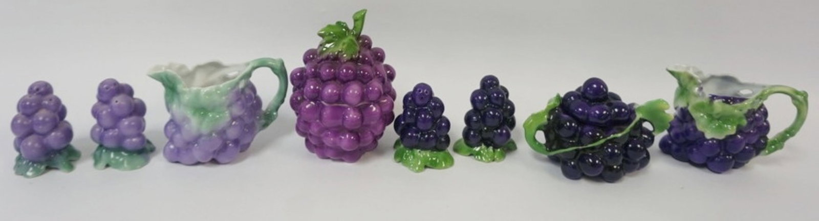 ROYAL BAYREUTH GRAPE CLUSTER: ROYAL BAYREUTH GRAPE CLUSTER CREAMERS, SALTS & PEPPERS & COVERED DISHES, TALLEST APPROXIMATELY 6 1/2 IN HIGH