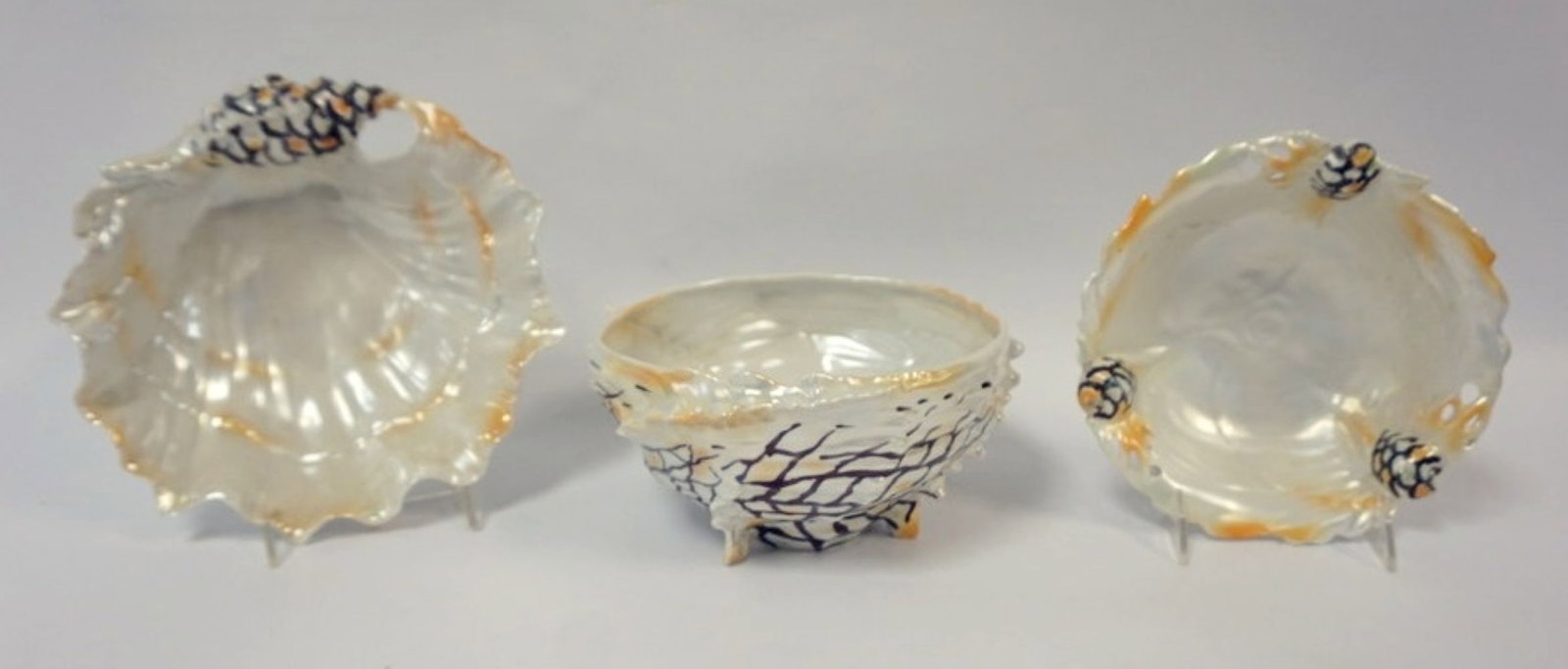 ROYAL BAYREUTH LUSTRE SHELL: ROYAL BAYREUTH LUSTRE SHELL BOWLS, LARGEST APPROXIMATELY 8 IN X 4 IN HIGH