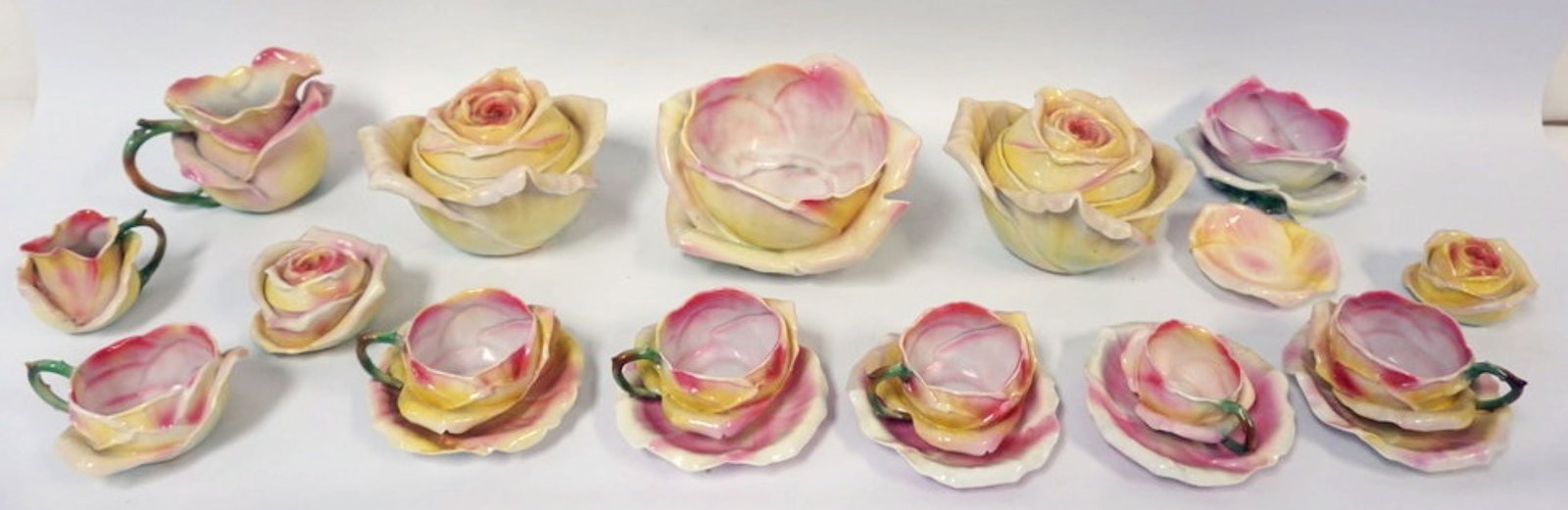 ROYAL BAYREUTH ROSE SHAPED: ROYAL BAYREUTH ROSE SHAPED BOWLS, CUPS, SAUCERS, LARGEST APPROXIMATELY 8 1/4 IN HIGH