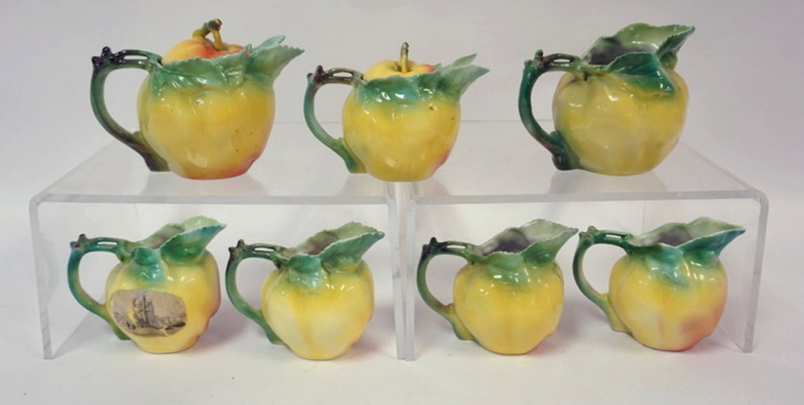 ROYAL BAYREUTH APPLE CREAMERS: ROYAL BAYREUTH YELLOW/GREEN APPLE CREAMERS, TALL EST APPROXIMATELY 5 IN H