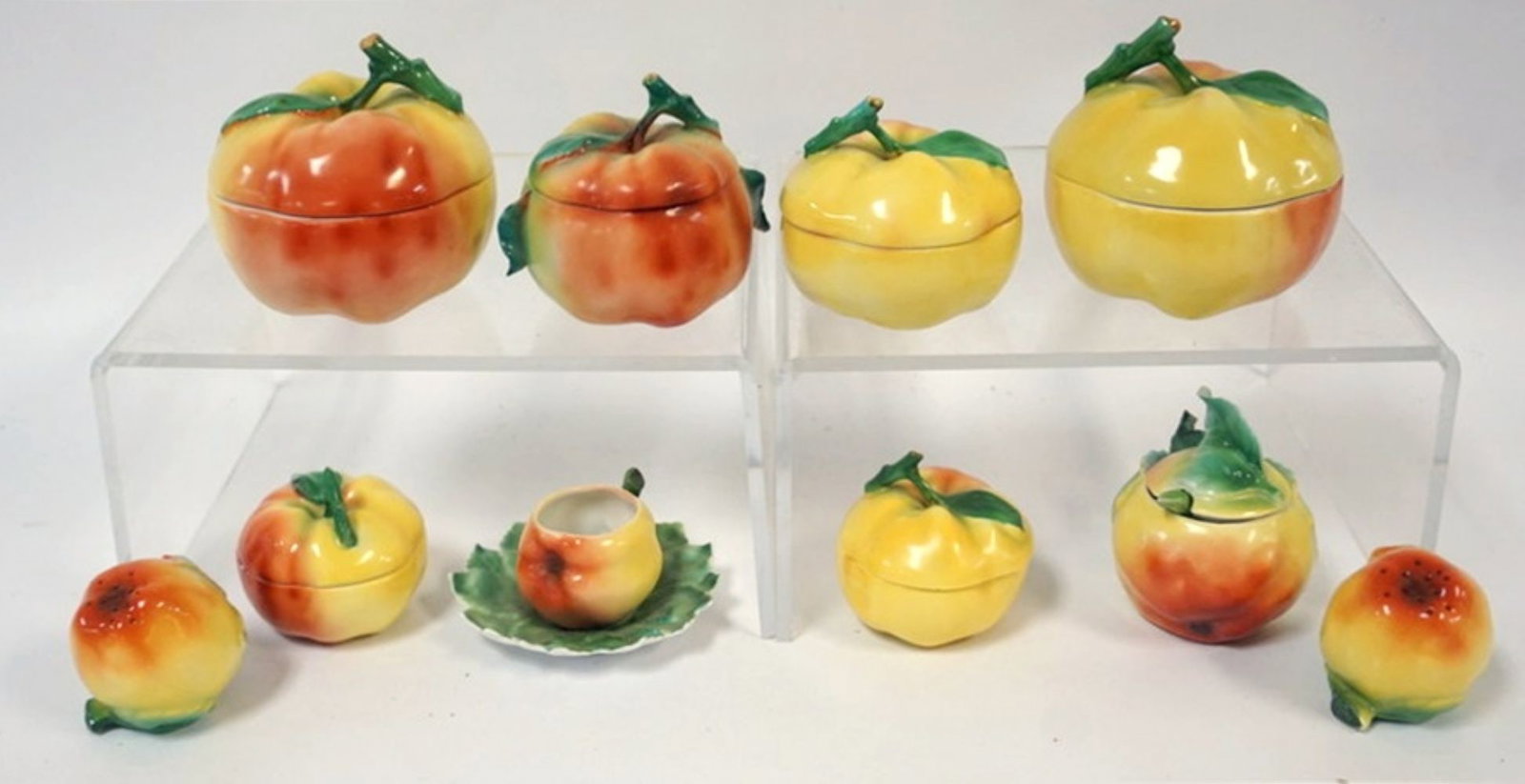 ROYAL BAYREUTH APPLE: ROYAL BAYREUTH YELLOW/GREEN AOOLE COERED DISHES, SALT AND PEPPERS, ETC., LARGEST PIECE APPROXIMATELY 4 1/2 IN H